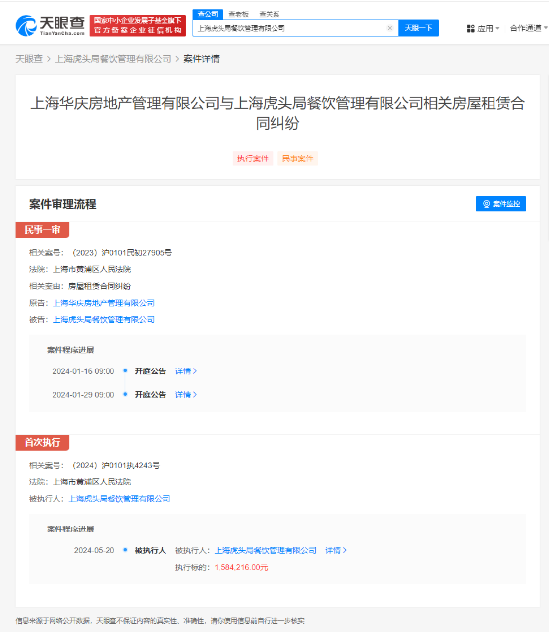 虎头局餐饮管理公司被执行158万