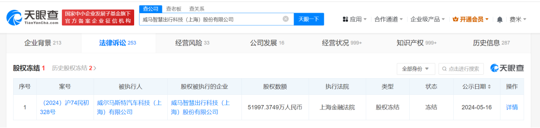 威马汽车被冻结5.19亿股权