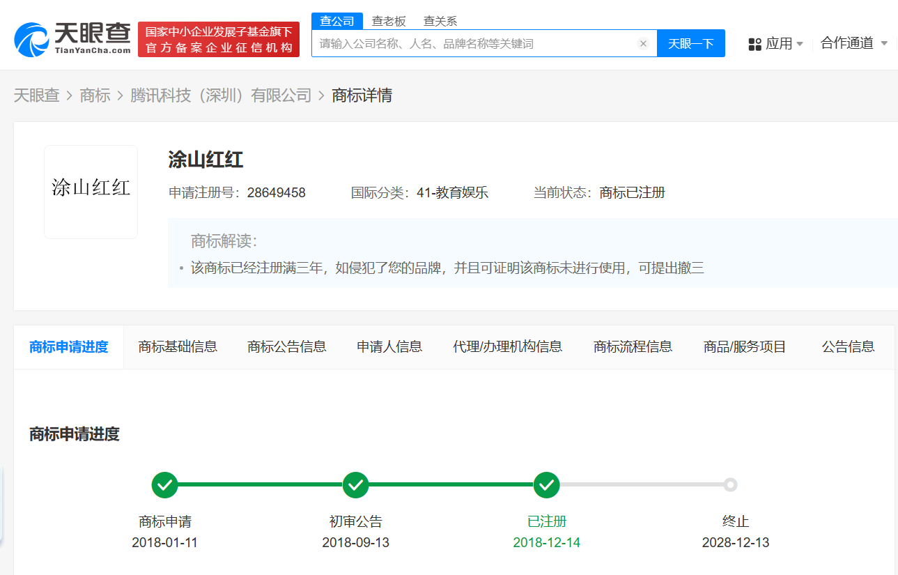 涂山红红被多方抢注商标腾讯已注册涂山红红商标涂山红红是涂山大动脉