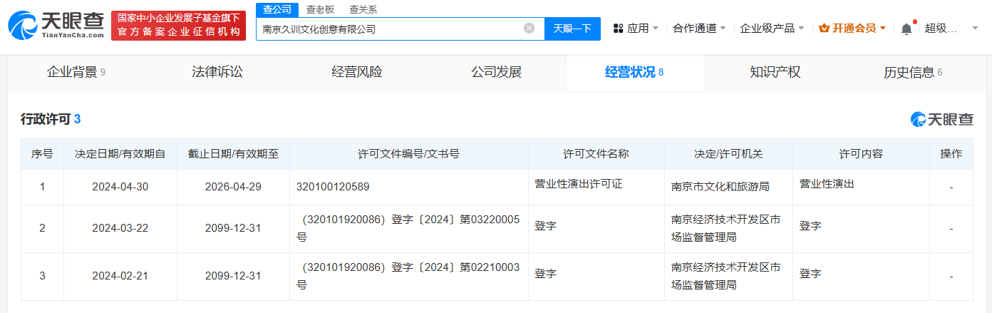 久哲名下公司获营业性演出许可久哲与尘夏公司获营业性演出许可