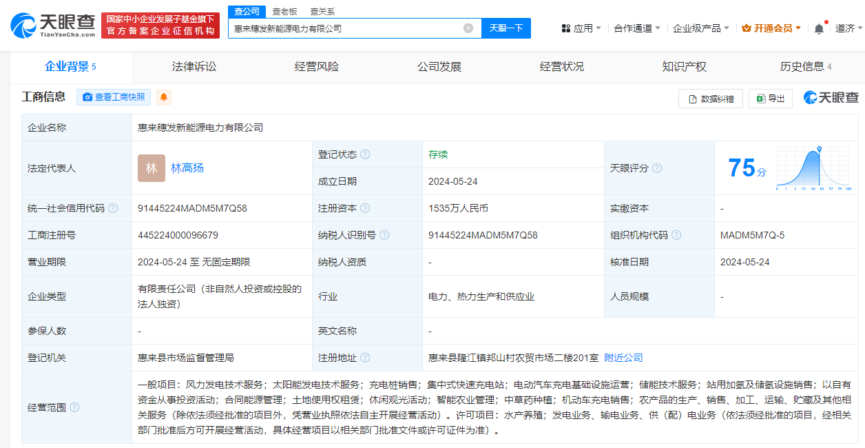 广州发展在惠来成立新能源电力公司注册资本1535万元