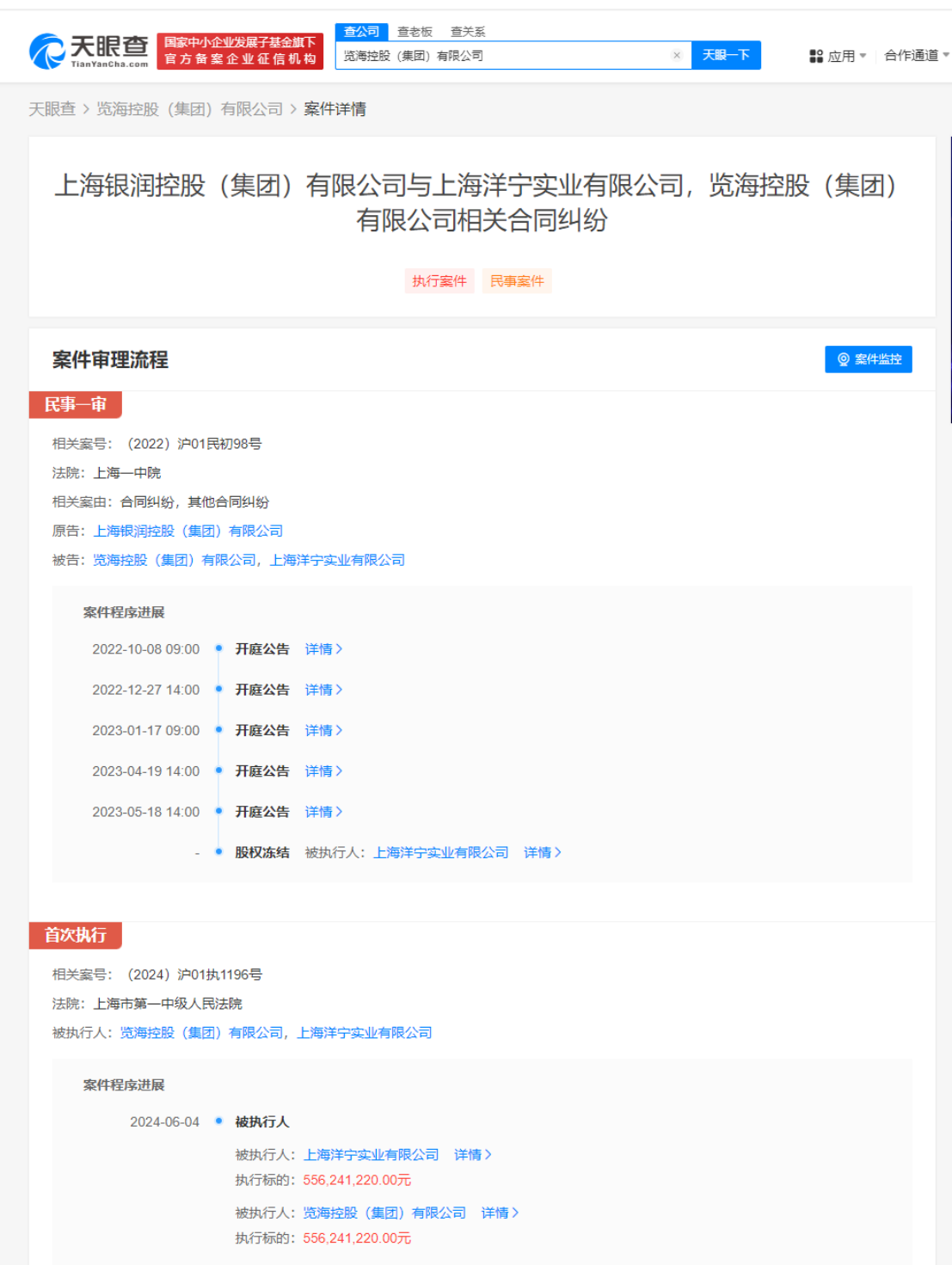 览海控股等被强制执行5.5亿 览海控股累计被执行超38亿