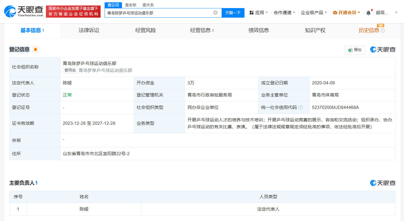 陈梦父亲已成立陈梦乒乓球运动俱乐部 陈梦已开办乒乓球学校