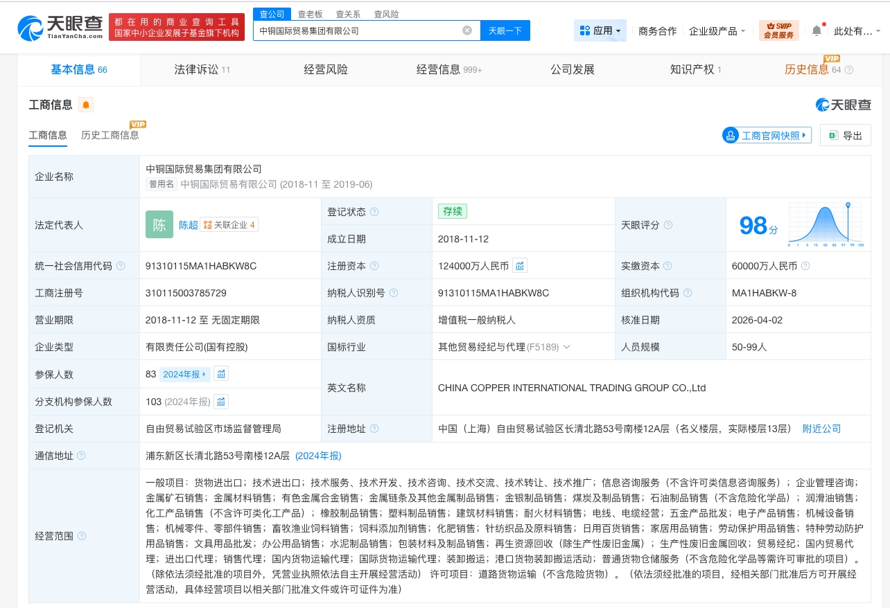 中铜国际贸易集团增资至12.4亿 增幅约107%