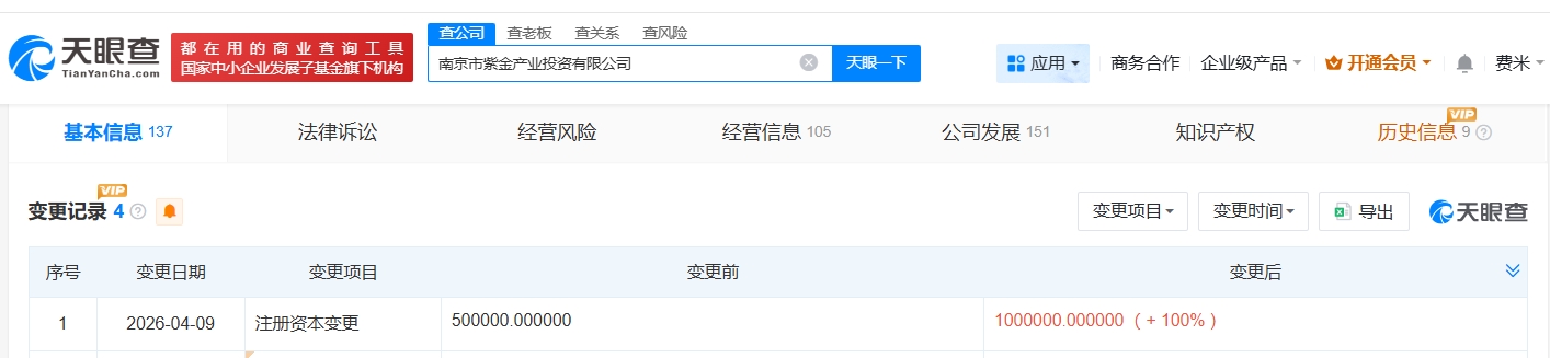 南京市紫金产业投资公司增资至100亿 增幅100%