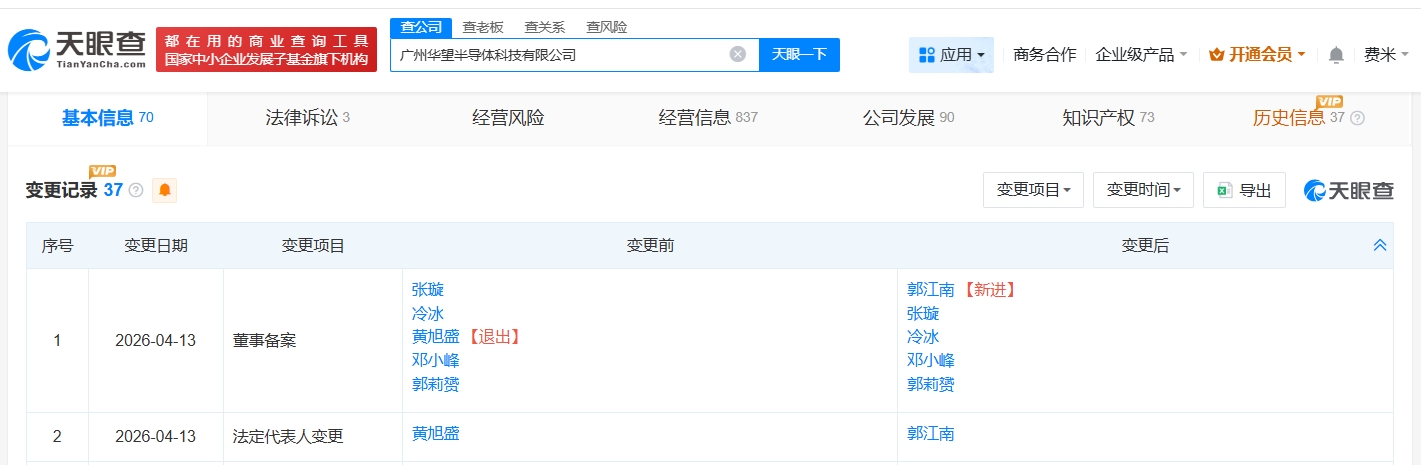 华望半导体公司董事长变更