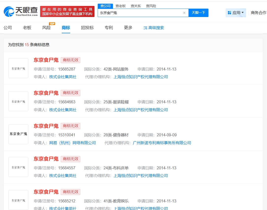 网易申请注册东京食尸鬼商标被驳回