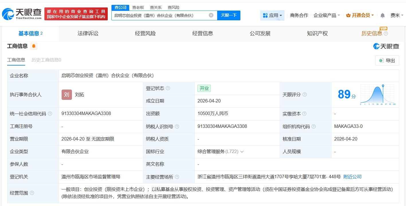 易方达等在温州成立新合伙企业 出资额1.05亿