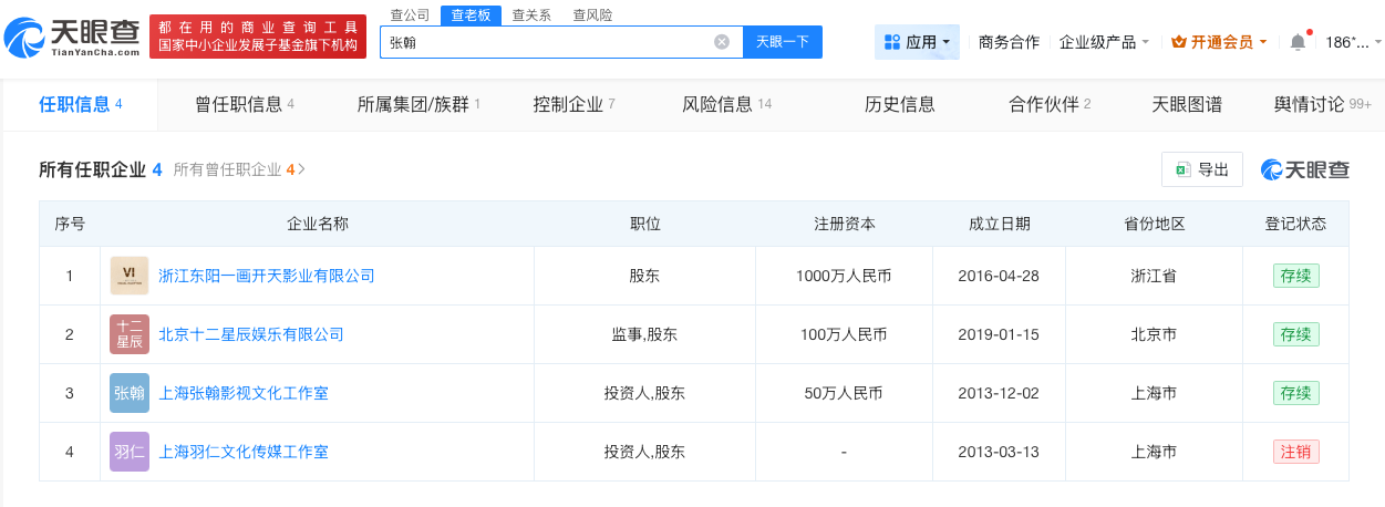 张翰名下公司已被冻结股权