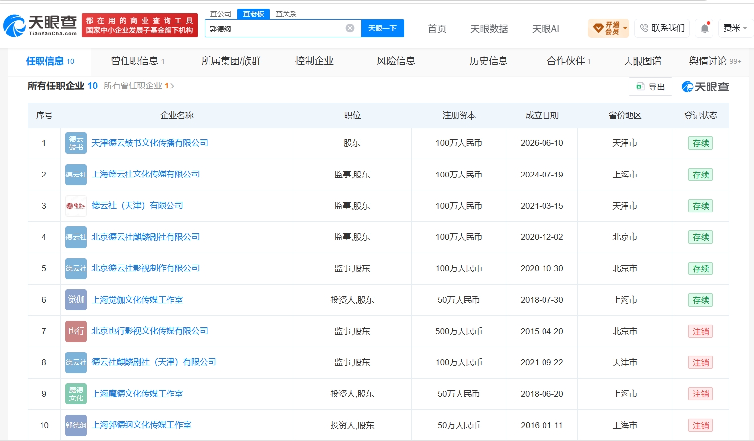 郭德纲名下关联多家德云社企业