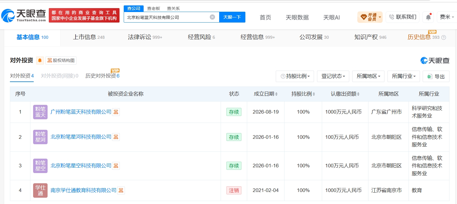 粉笔今年已成立多家新公司