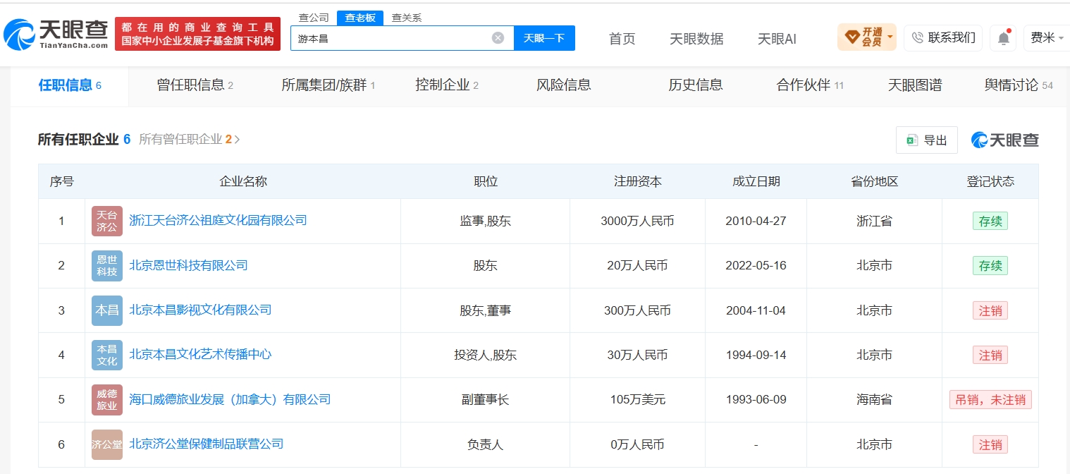 游本昌名下公司叫济公