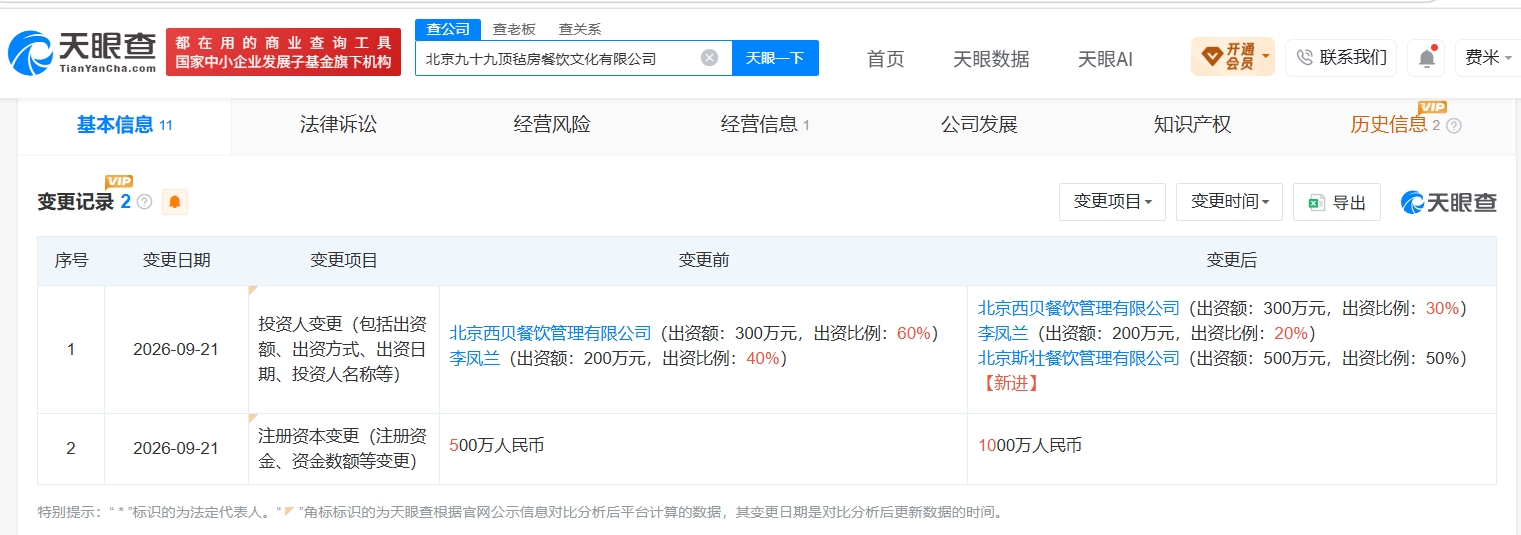 贾国龙儿子入股西贝旗下公司